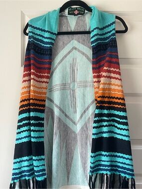 Turquoise Aztec Shawl Kimono Cardigan Wrap - Crazy Train Zia Striped Knit Fringe